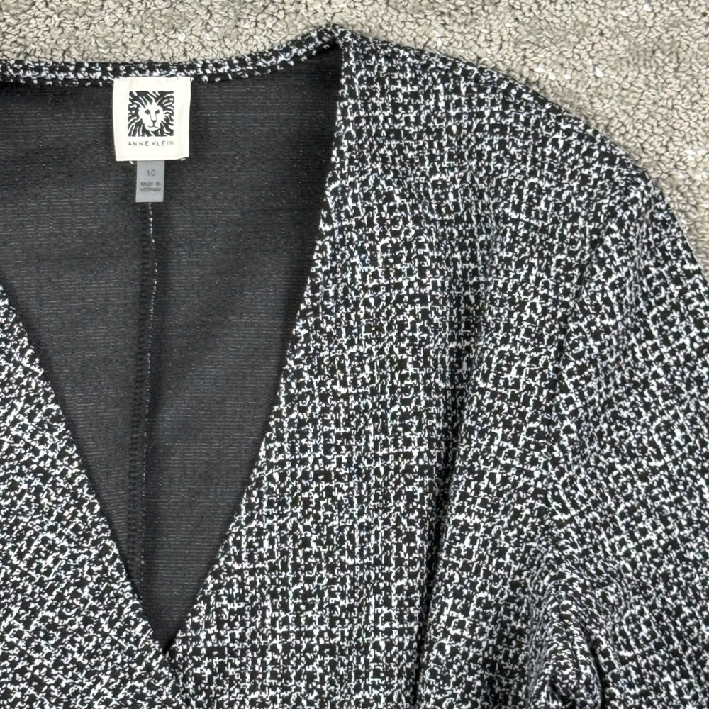 Anne Klein Faux Wrap Dress Womens 10 Black White Textured Buckle 3/4 Sleeve